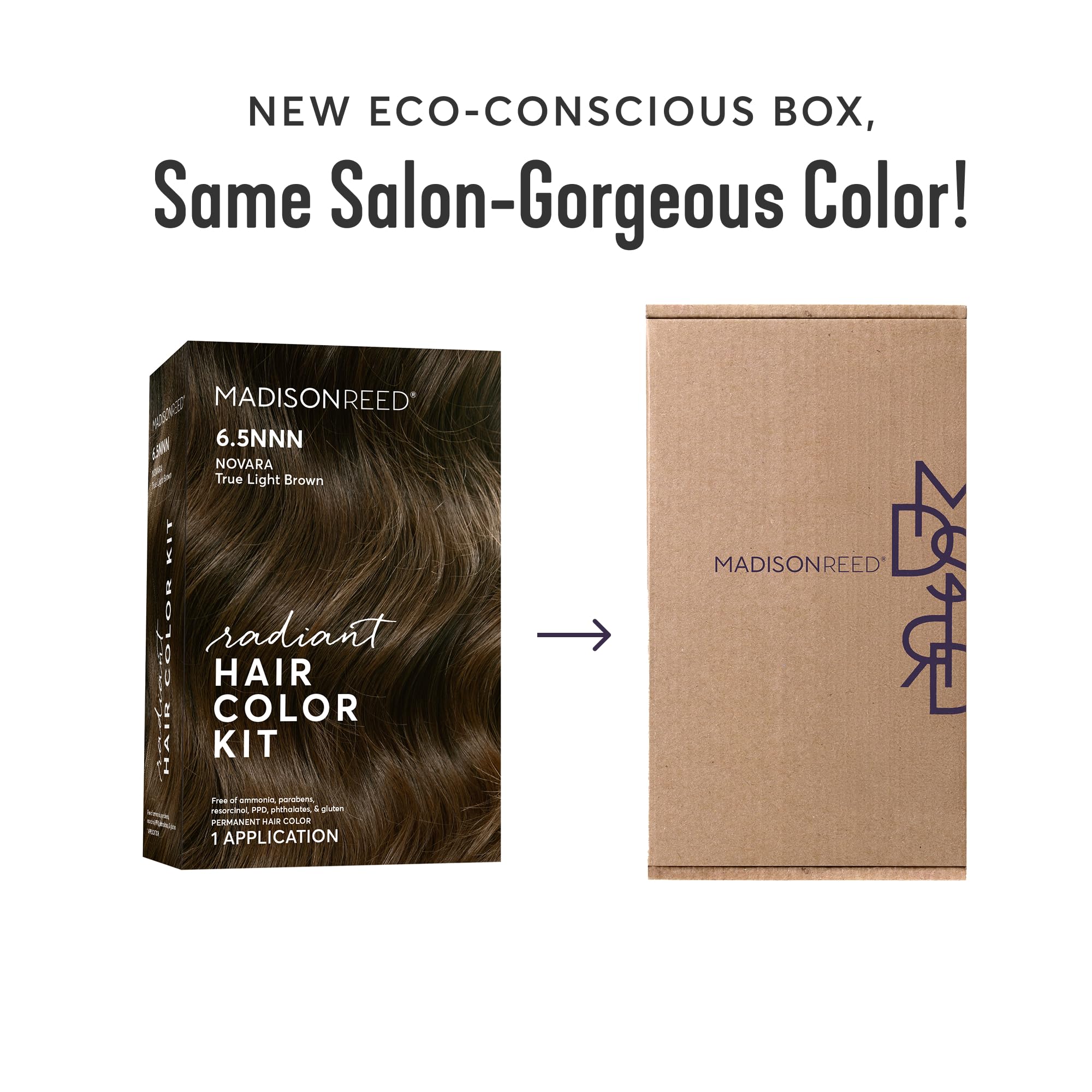 Madison Reed Radiant Color Kit ingredients pouch highlights keratin and argan oil for hair health.