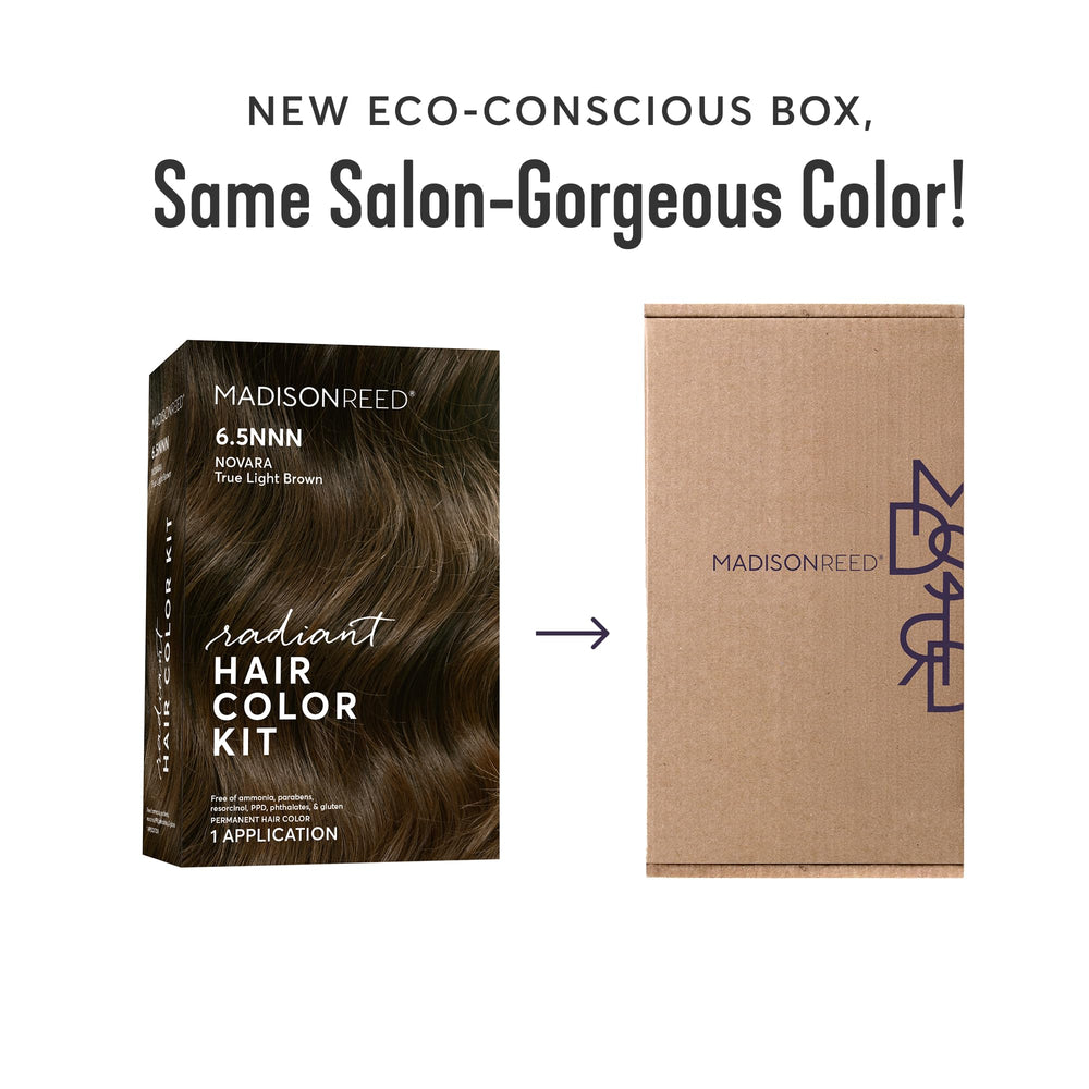 Madison Reed Radiant Color Kit ingredients pouch highlights keratin and argan oil for hair health.