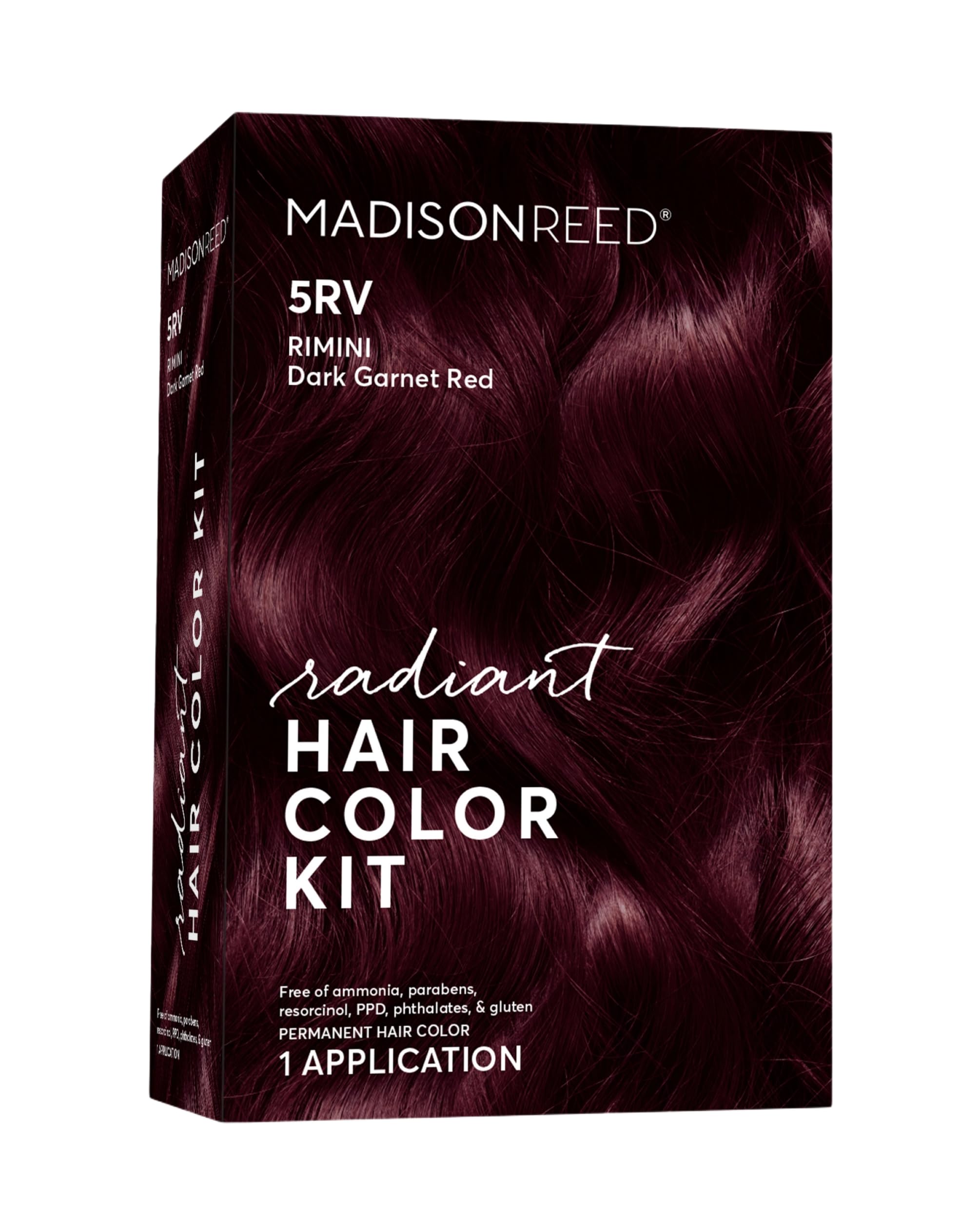 Madison Reed Radiant Color Kit packaging close-up for vibrant 5RV Garnet shade.