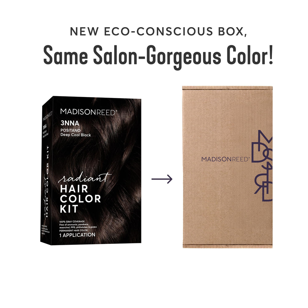 Madison Reed Radiant Color Kit shade card displaying Positano Black ash undertones