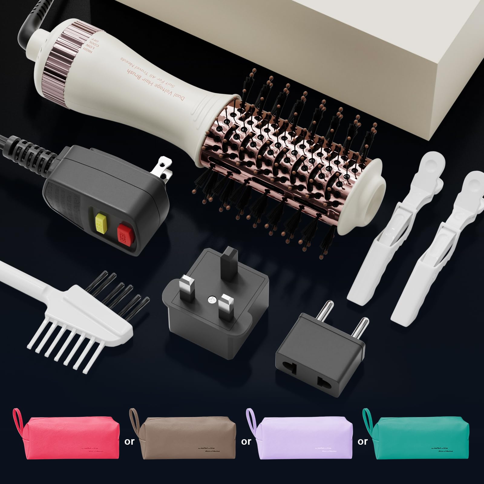 Madremía travel dual voltage hair dryer brush ALCI safety plug highlights safe international use