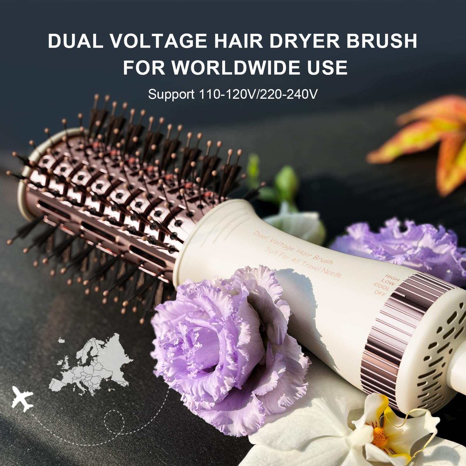 Madremía travel dual voltage hair dryer brush world plugs showing 110-240V compatibility for global travel
