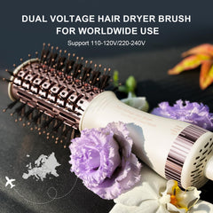 Madremía travel dual voltage hair dryer brush world plugs showing 110-240V compatibility for global travel