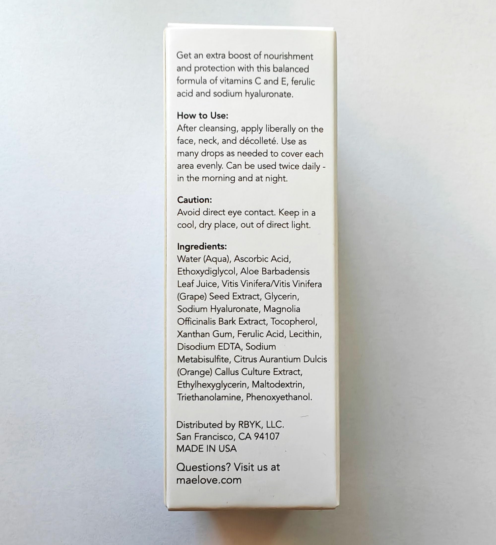 MAELOVE Glow Maker ingredients list includes aloe and grape for nourishing care.