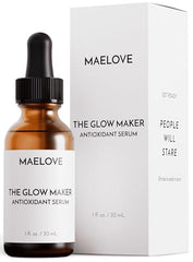 MAELOVE Glow Maker serum bottle pour demonstrates quick absorption for layered skincare.