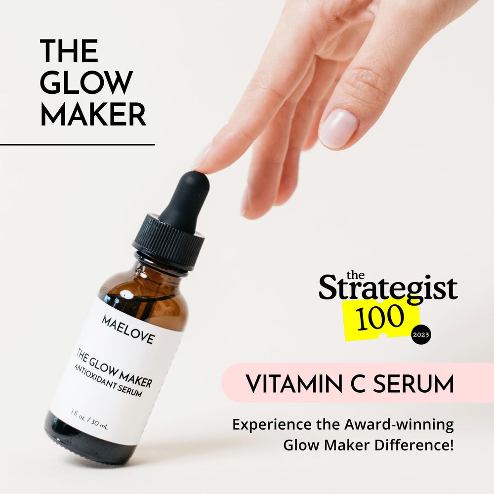 MAELOVE Glow Maker ingredients close-up highlights vitamin C, E, and ferulic acid benefits.