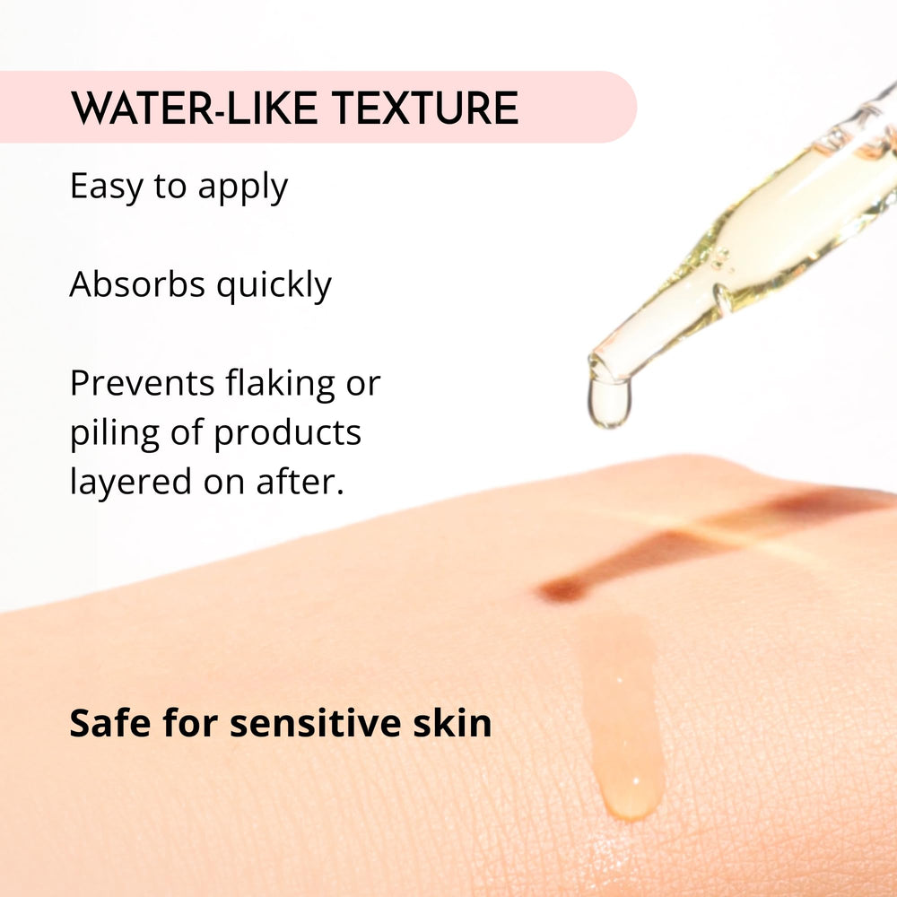 MAELOVE Glow Maker serum on skin shows dewy finish and even tone possibilities.