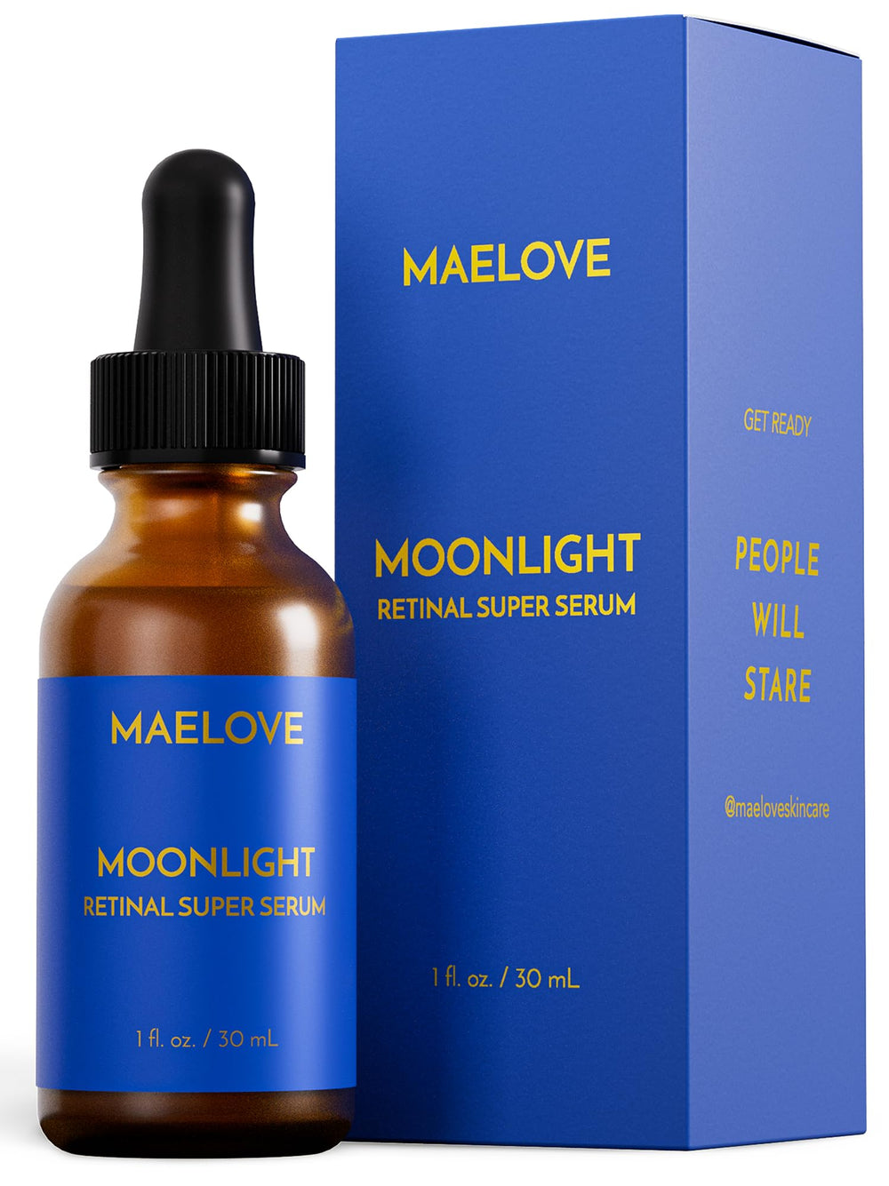 MAELOVE Moonlight Advanced Retinal Serum bottle on display for glowing skin