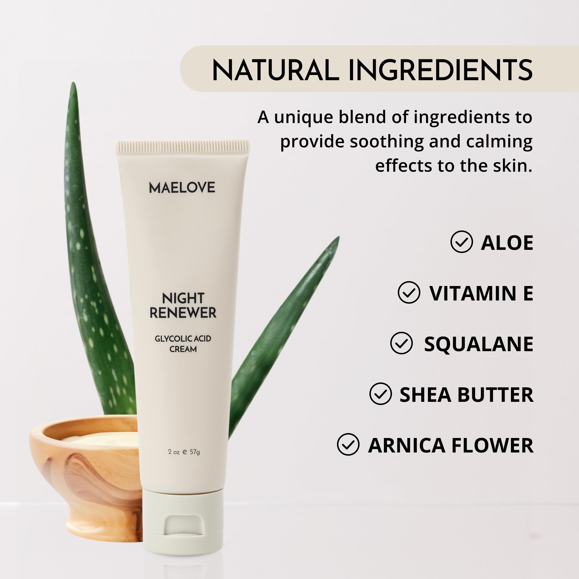 MAELOVE Night Renewer application dab demonstrates gentle nighttime skincare routine