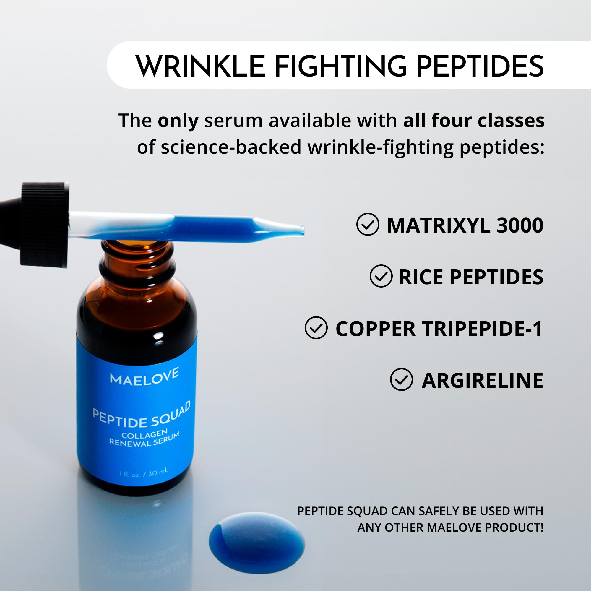 MAELOVE Peptide Squad Serum ingredients highlight copper peptides and Matrixyl for smoother skin