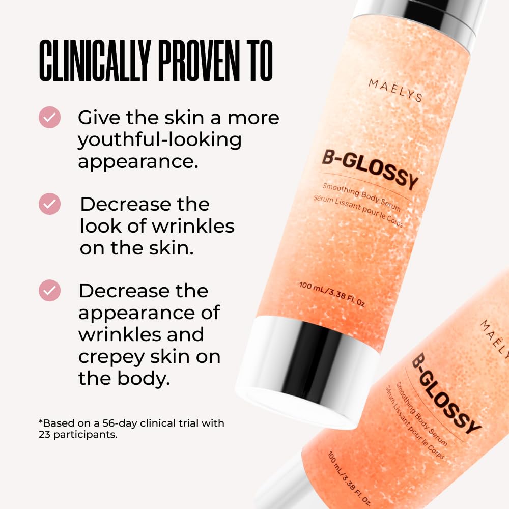 MAELYs B-GLOSSY body decolletage application shown after shower.