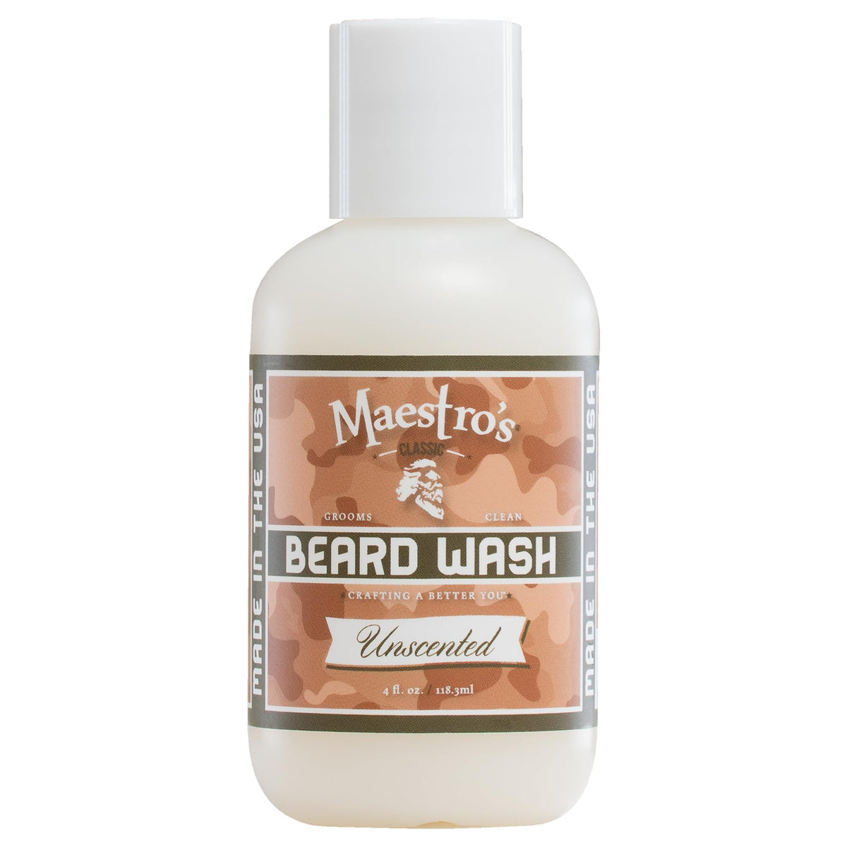 Maestro's Classic Beard Wash unscented bottle deep cleans and nourishes skin.