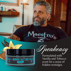 Maestro's Classic Beard Butter application on a damp beard, boosting softness and control.