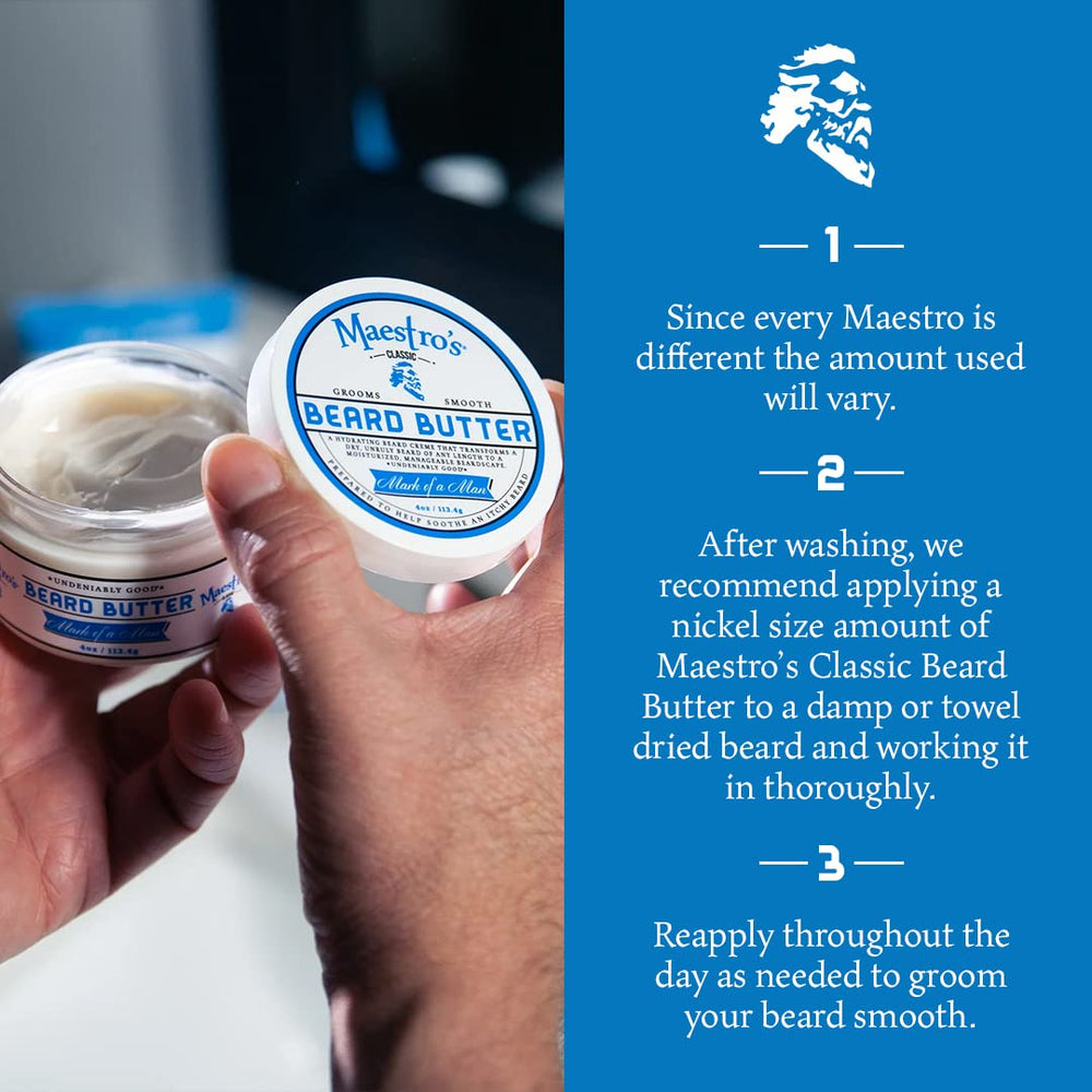 A satisfied man using Maestro's Classic Beard Butter in his routine.