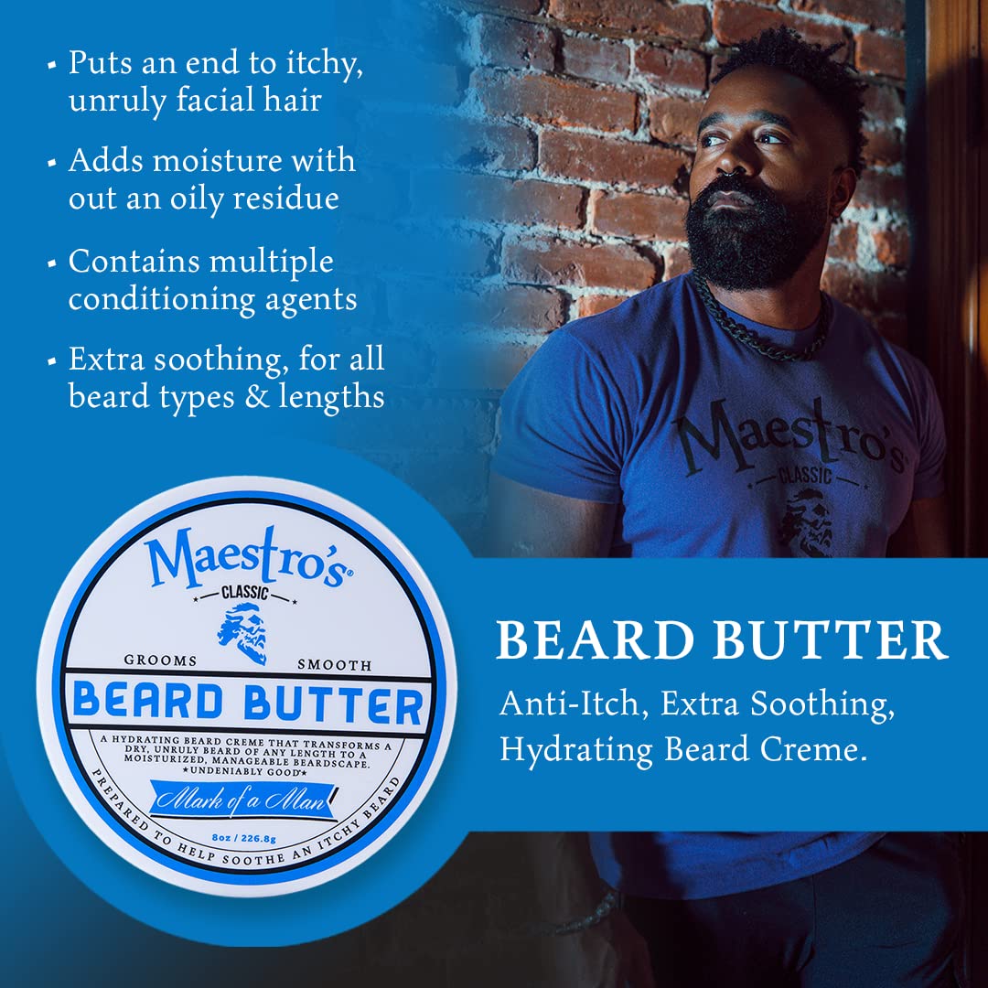 Travel-ready packaging of Maestro's Classic Beard Butter for men.