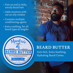 Travel-ready packaging of Maestro's Classic Beard Butter for men.