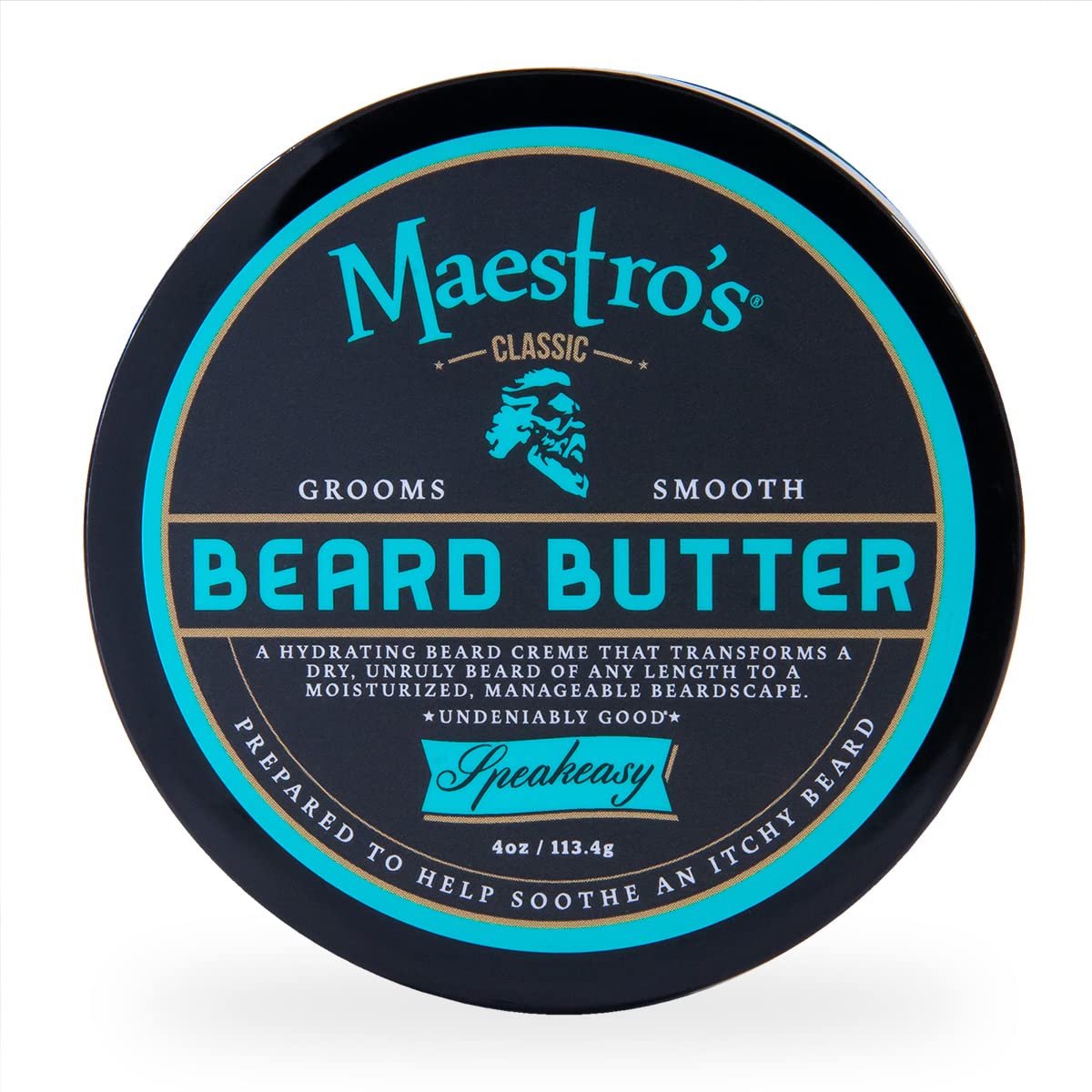 Maestro's Classic Beard Butter jar closeup showing Speakeasy vanilla-tobacco scent for grooming and shine.