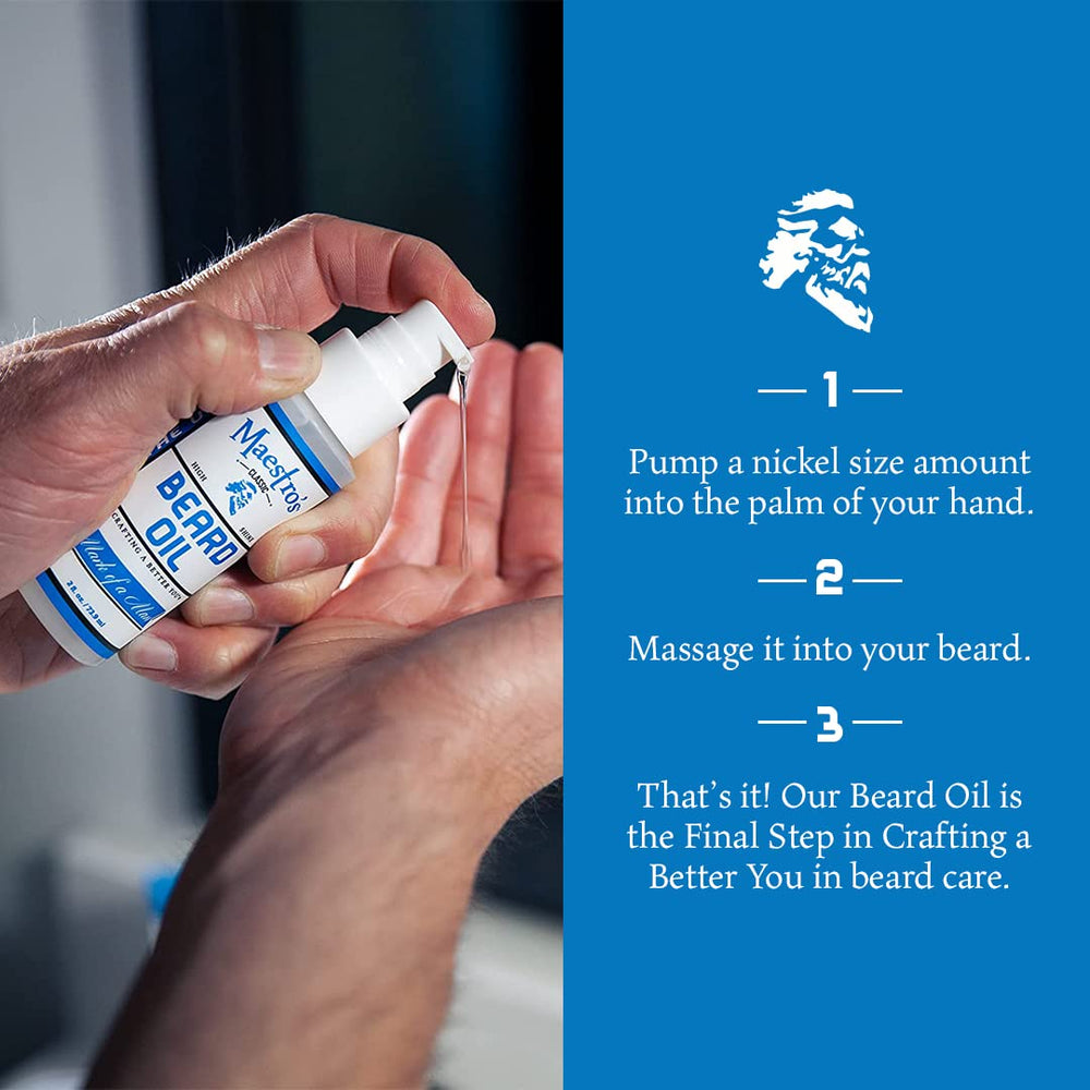 Maestro's Classic beard oil application scene demonstrates easy, even styling