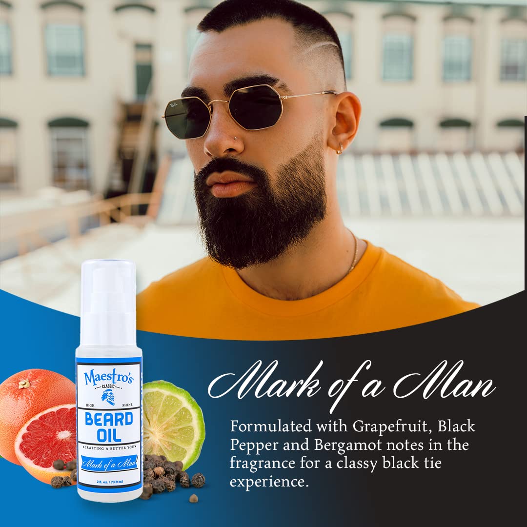 Maestro's Classic Mark of a Man Beard Oil close-up droplets showing conditioning