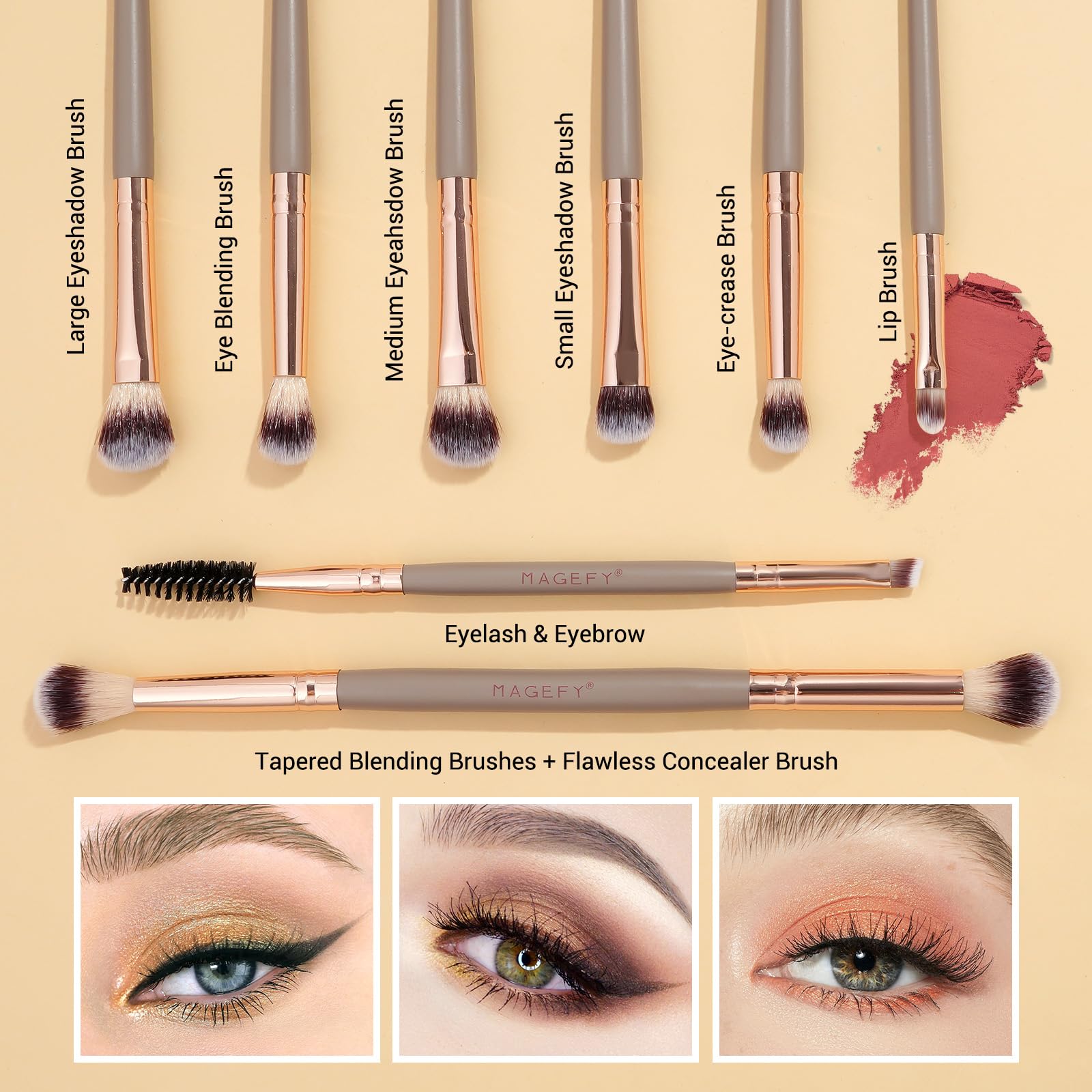 MAGEFY 8 eye brushes closeup for blending and liner work