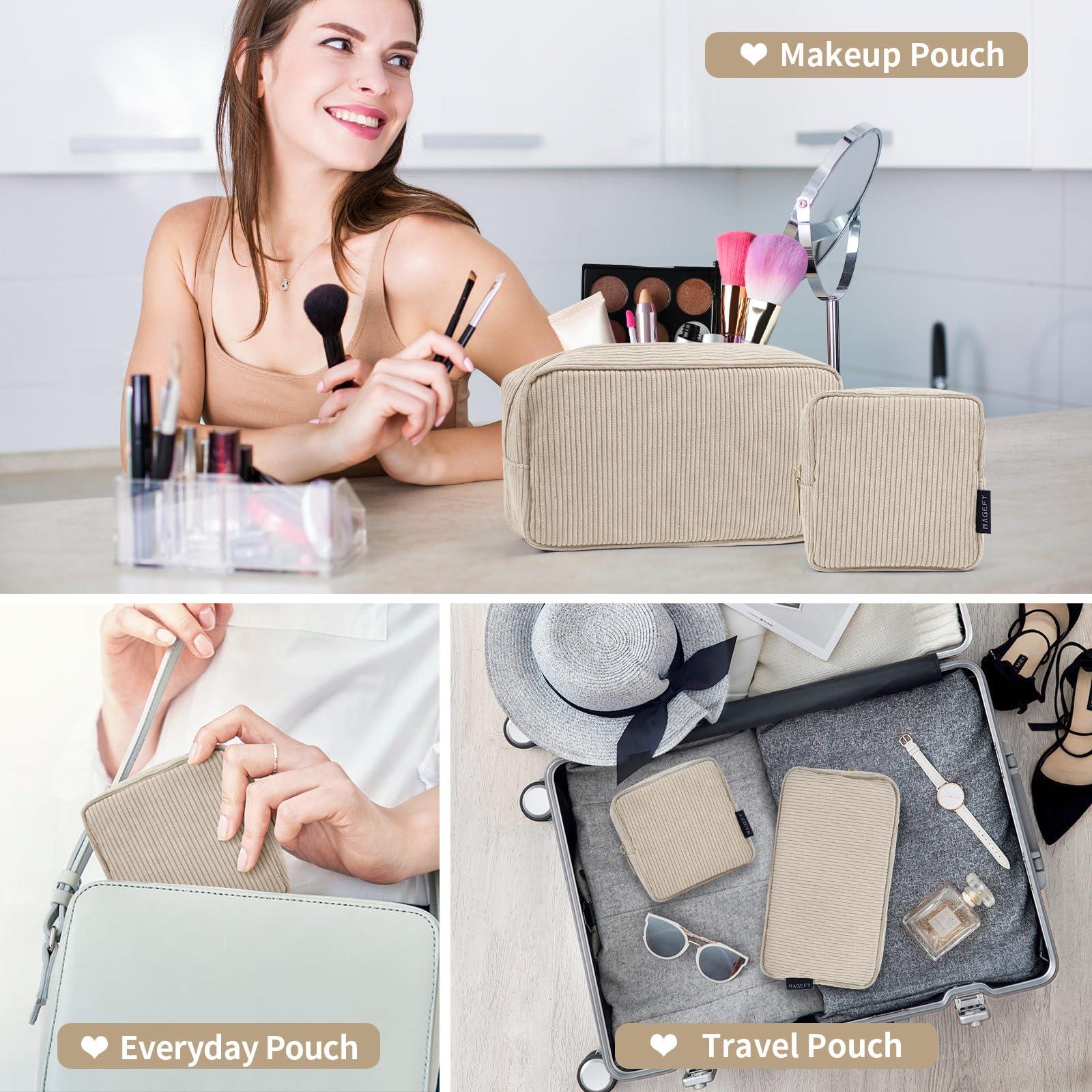 MAGEFY corduroy makeup bag in beige for daily use and style.