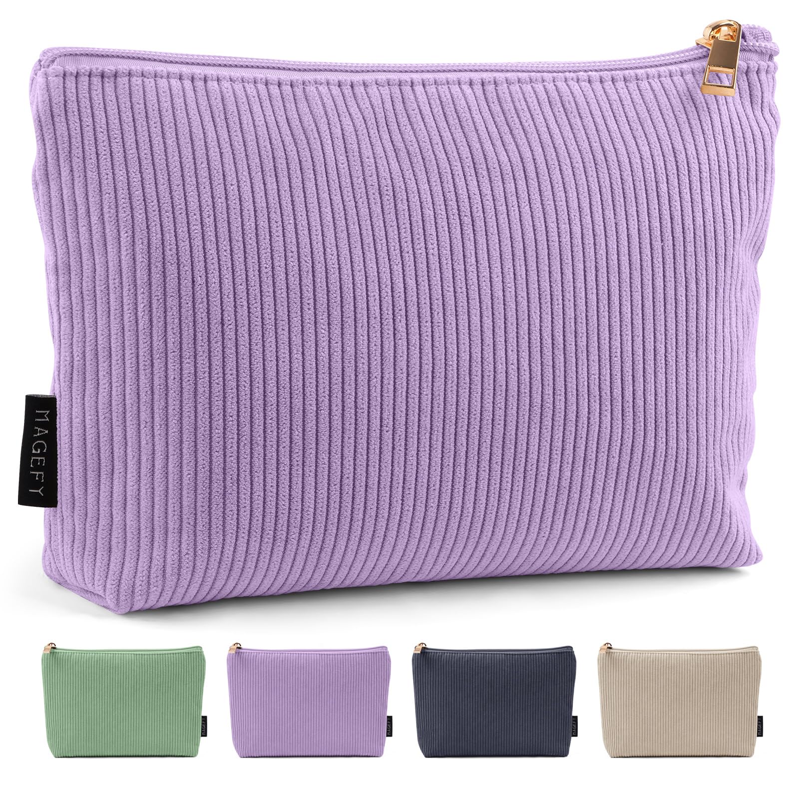 MAGEFY corduroy makeup bag purple front view shows compact, portable design for everyday carry