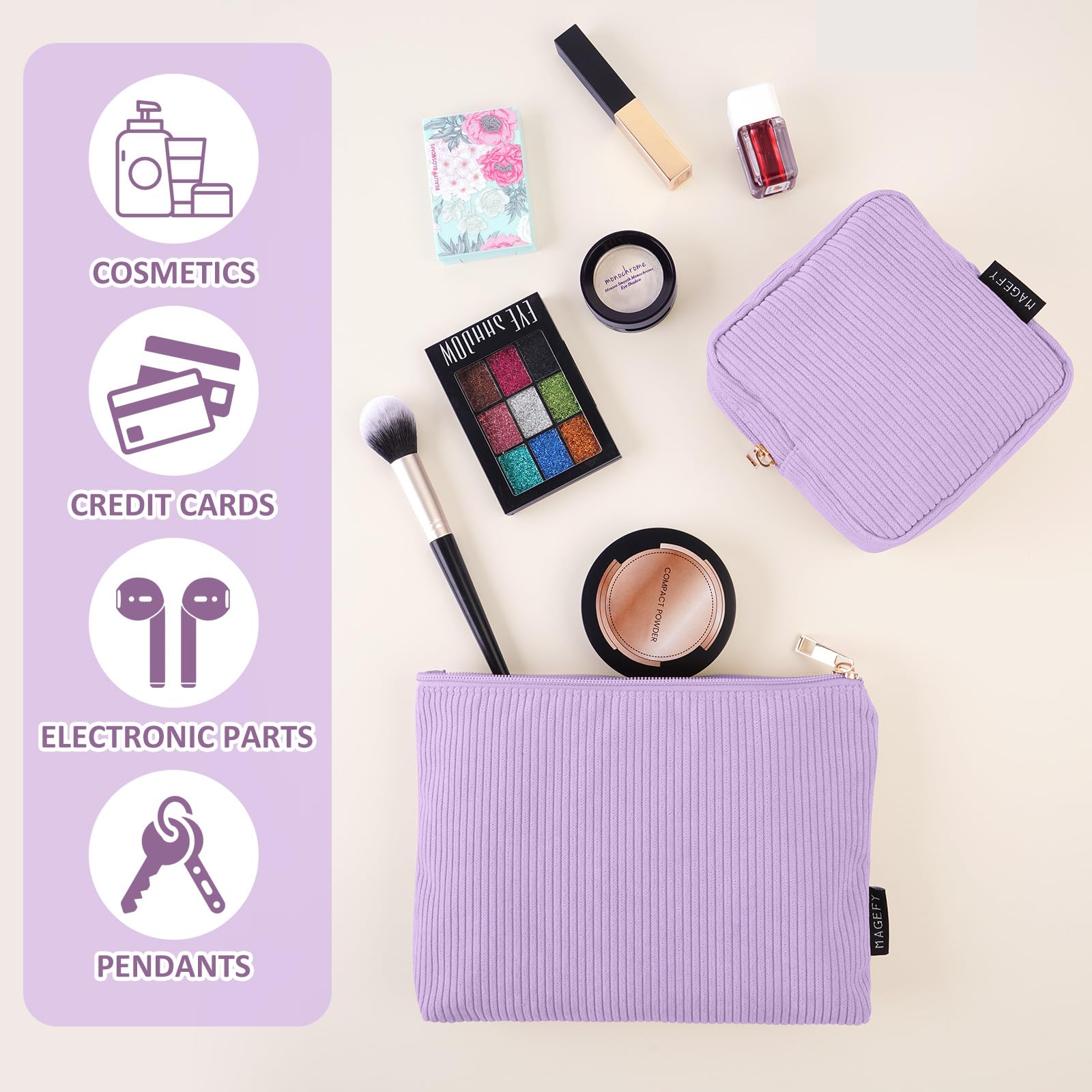 MAGEFY corduroy makeup bag purple inner zipper pocket secures small valuables