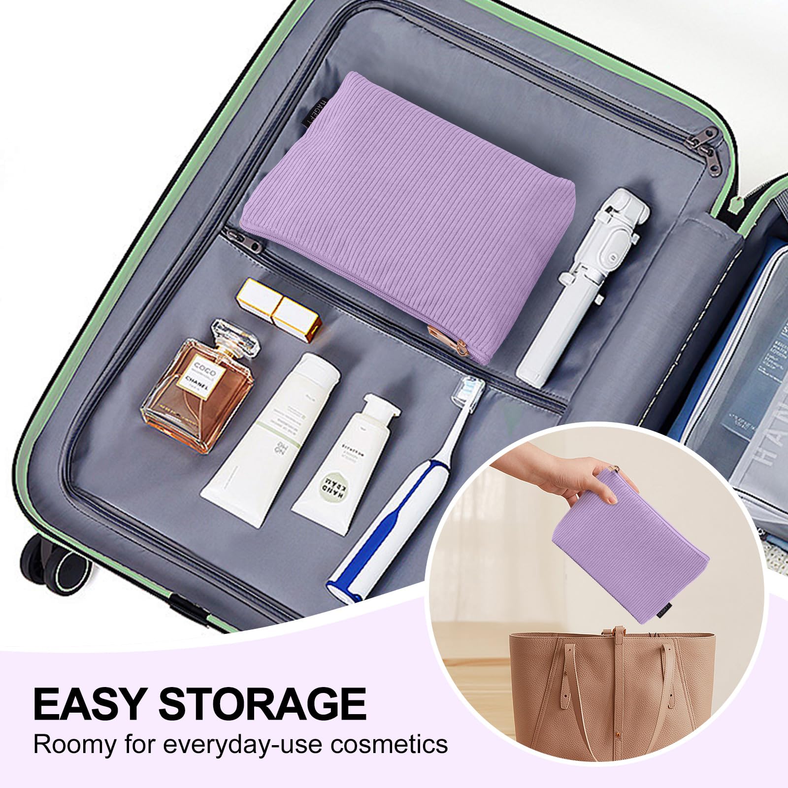 MAGEFY corduroy makeup bag purple zipper closure keeps contents secure