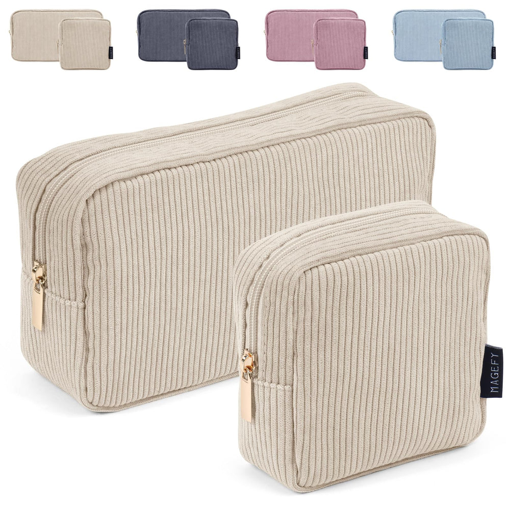 MAGEFY corduroy makeup bag large in beige for purse travel organization.