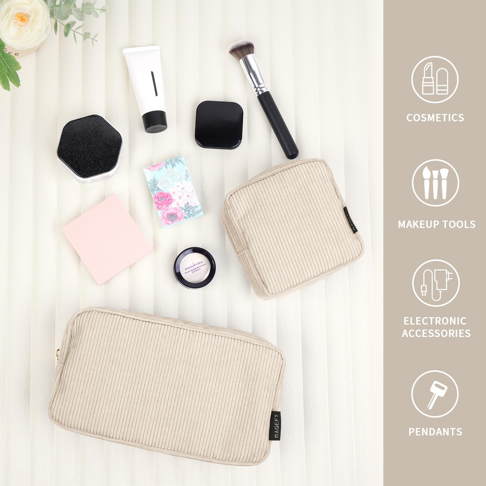 MAGEFY gift-ready beige makeup bag highlights thoughtful gift option.