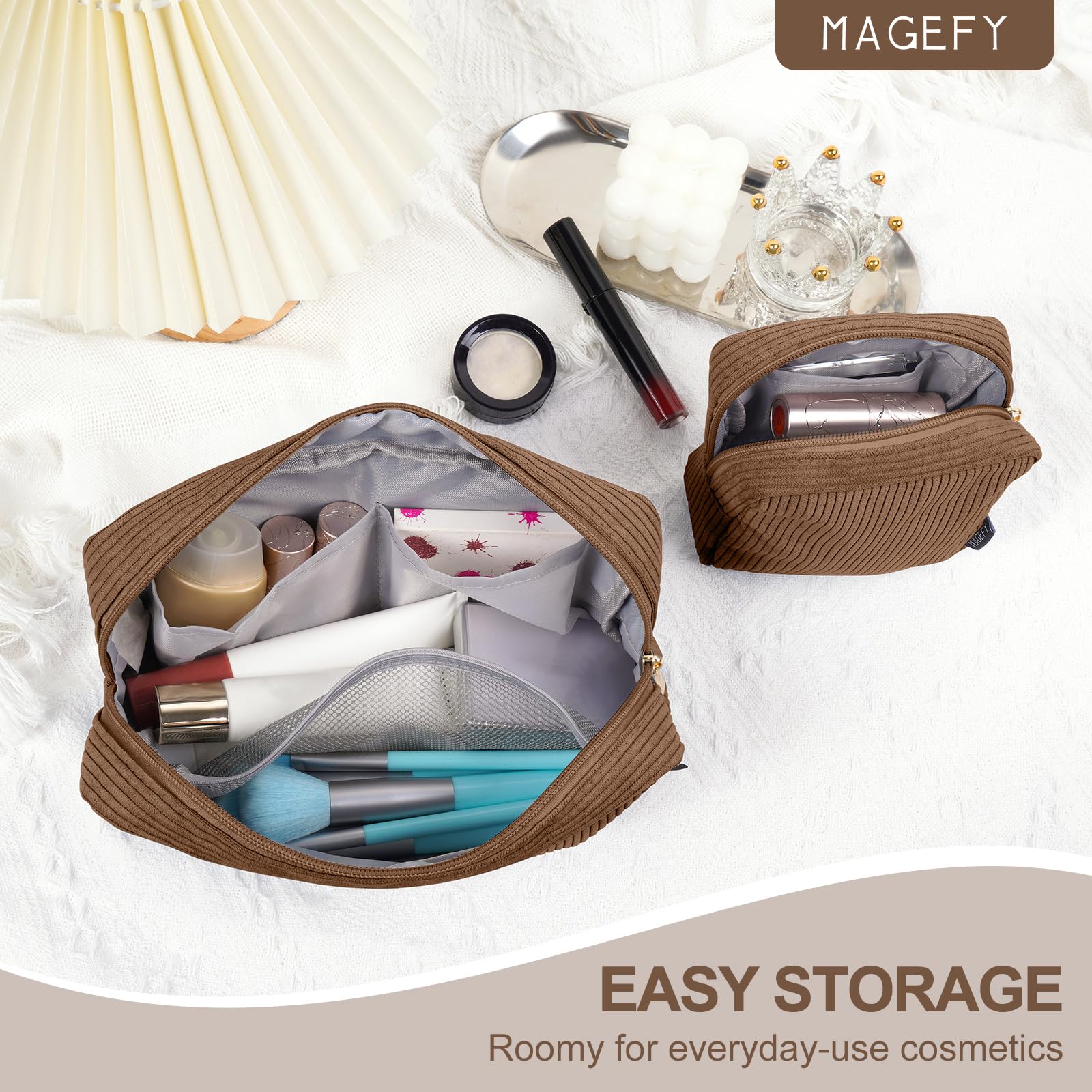 Magefy makeup bag in hand shows travel-friendly compact size