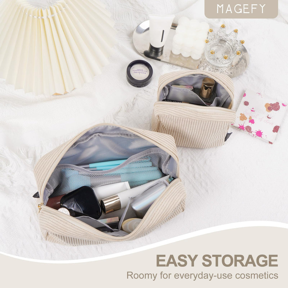 MAGEFY makeup bag interior pockets in beige for easy separation.