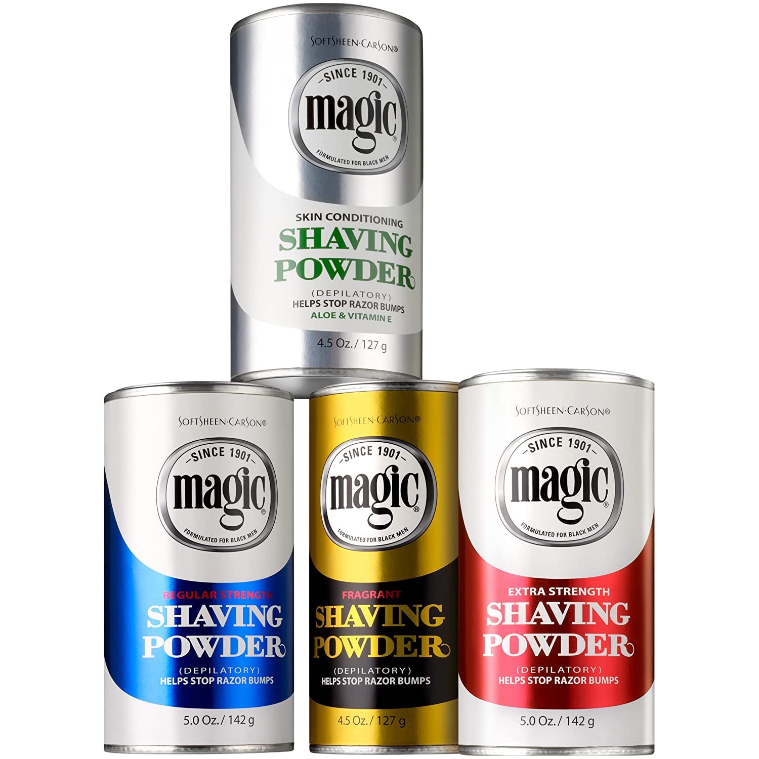 Magic Skin Conditioning Shaving Powder on bathroom counter shows compact storage for routines.