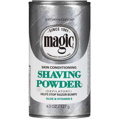 Magic Skin Conditioning Shaving Powder jar front shows premium packaging for daily grooming.