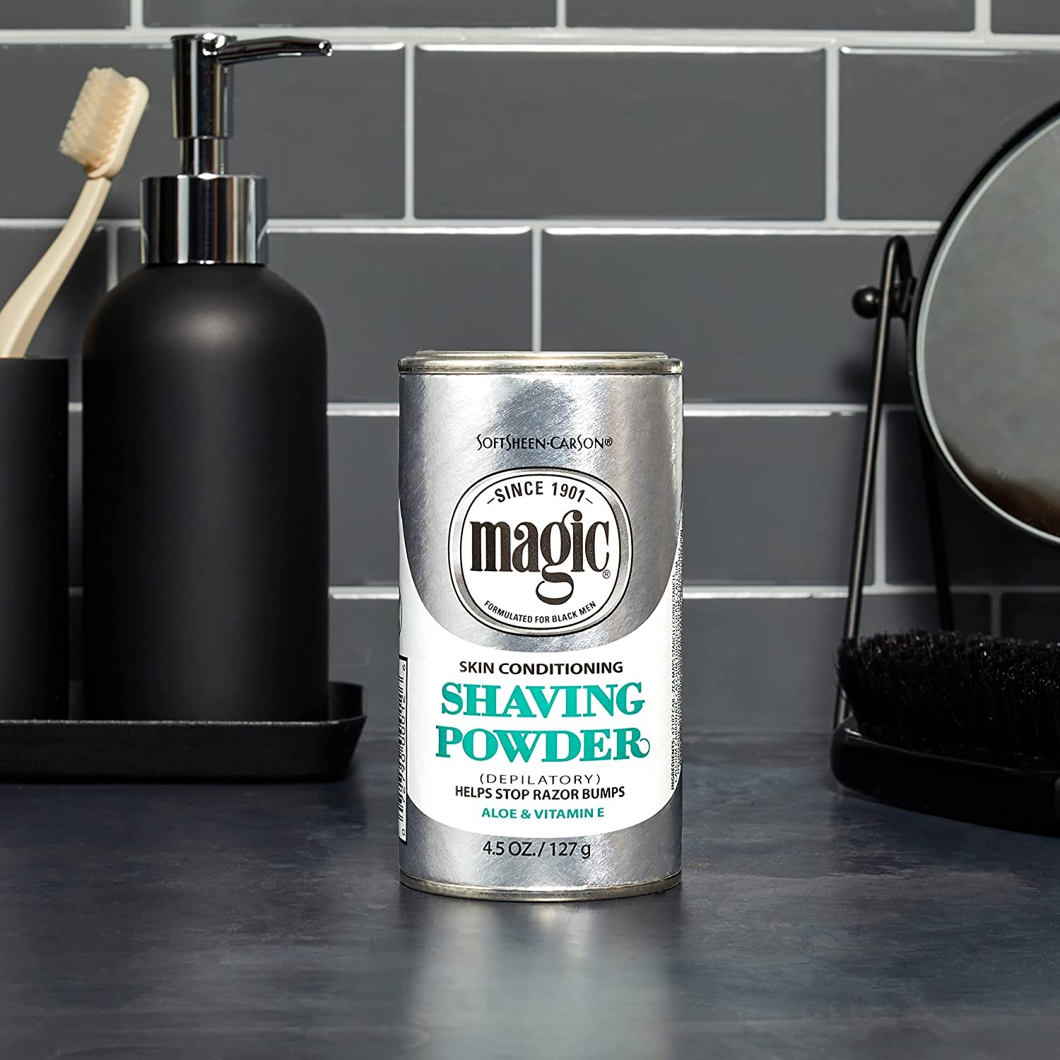 Magic Skin Conditioning Shaving Powder closeup of lid cap ensures easy reseal.