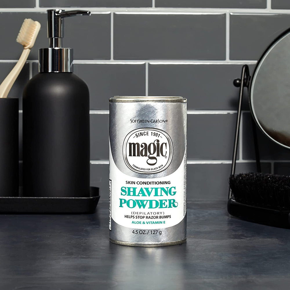 Magic Skin Conditioning Shaving Powder closeup of lid cap ensures easy reseal.