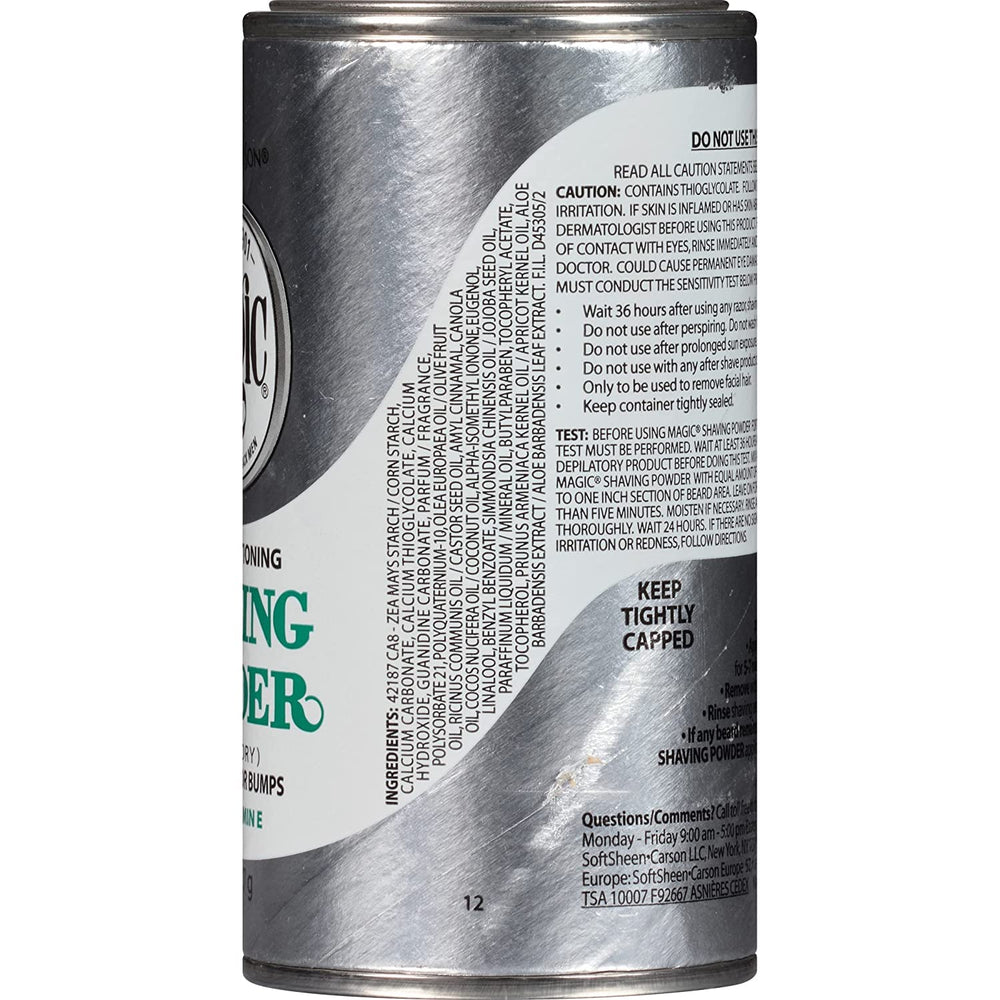 Magic Skin Conditioning Shaving Powder texture closeup highlights fine, silky powder.