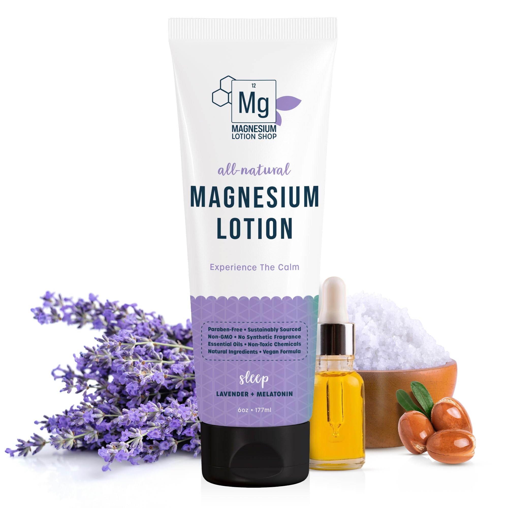 Magnesium Lotion Shop lavender scented bottle promotes relaxation and calm before bedtime