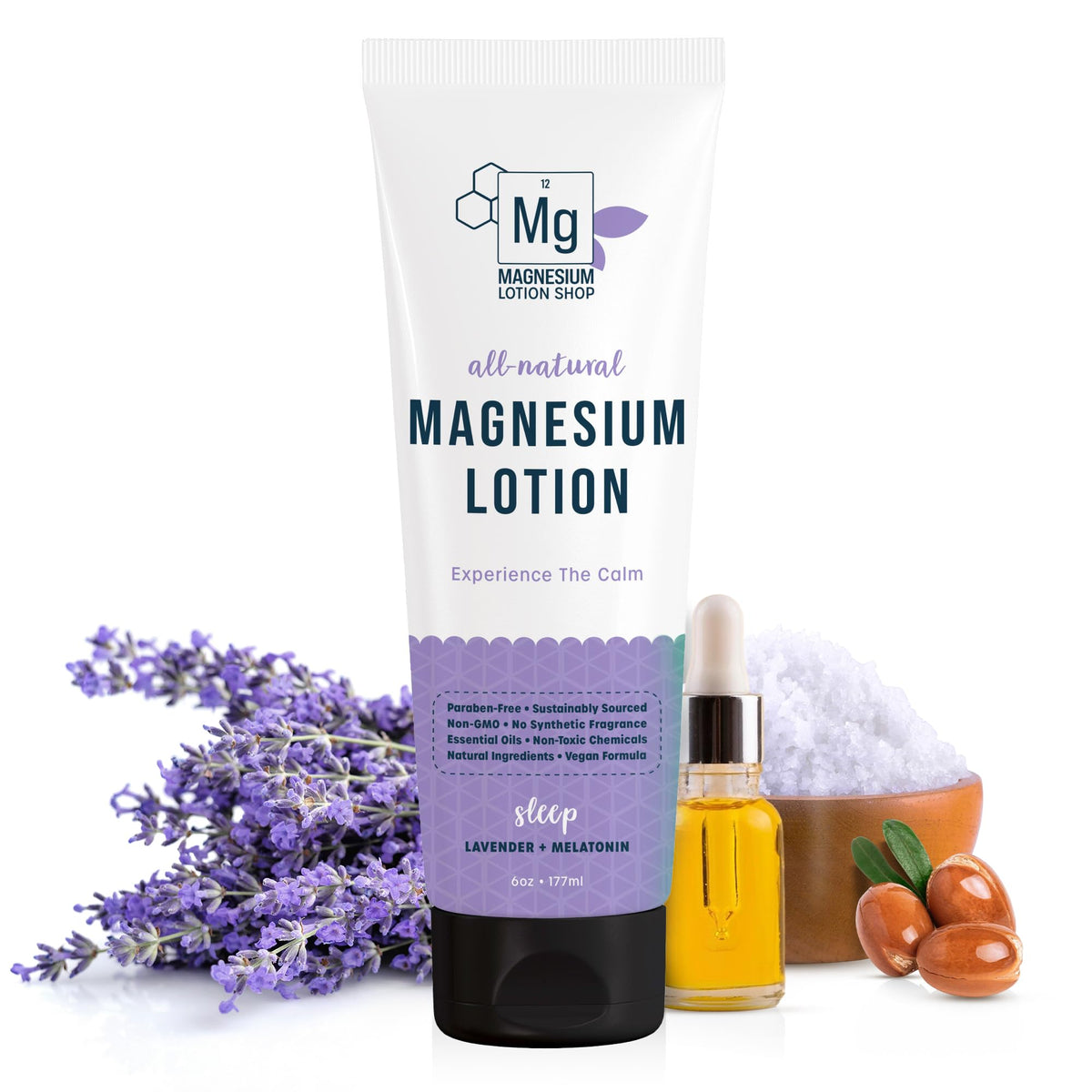 Magnesium Lotion Shop lavender scented bottle promotes relaxation and calm before bedtime