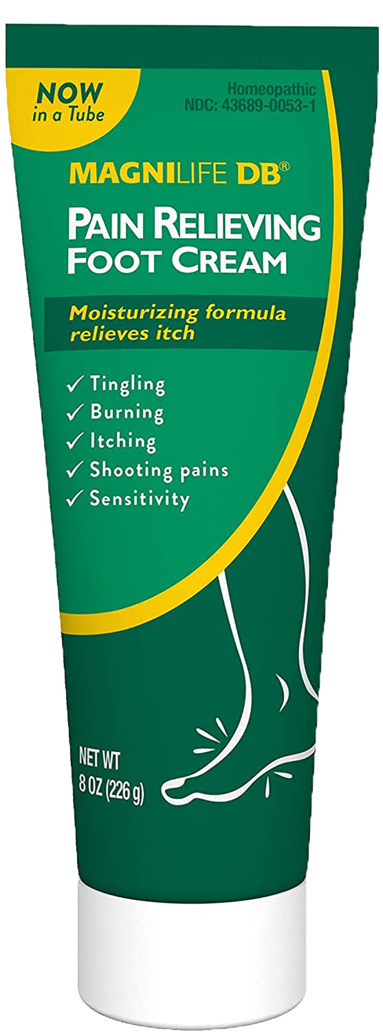 MagniLife DB Foot Cream tube demonstrates soothing, non-greasy hydration for dry feet