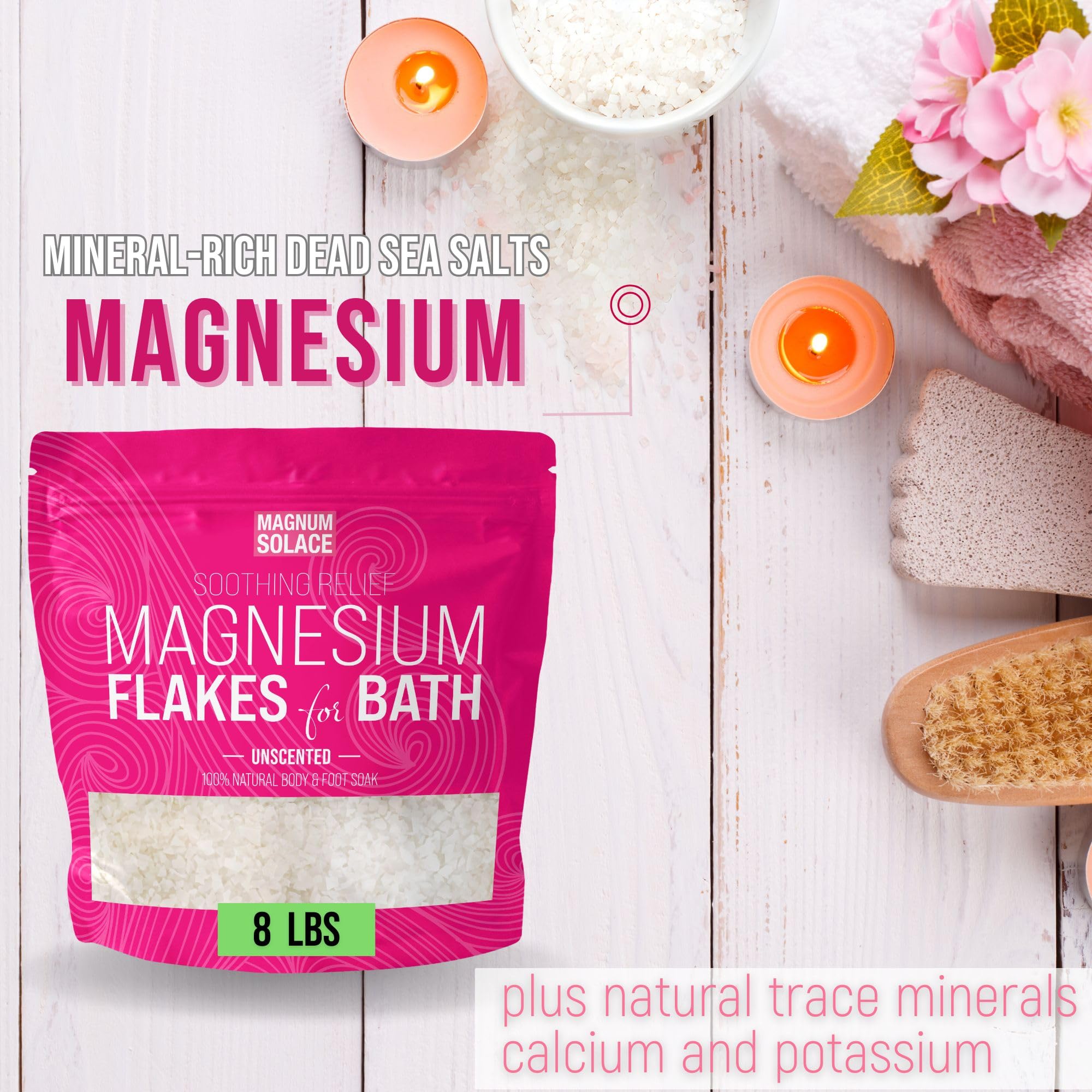Magnum Solace Dead Sea salts soaking image suggests relaxing home bath.