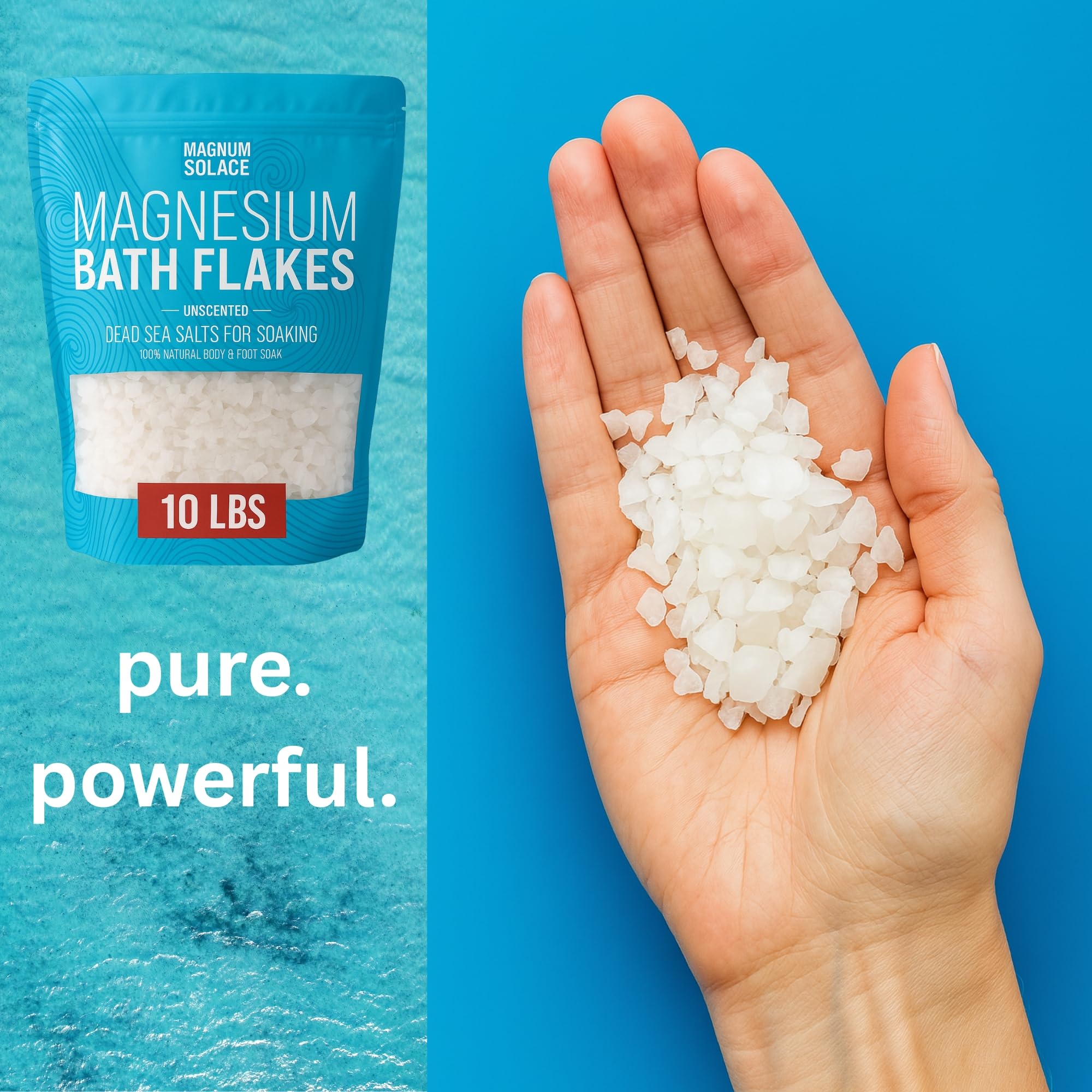 Magnum Solace magnesium chloride unscented flakes for a calm soak.