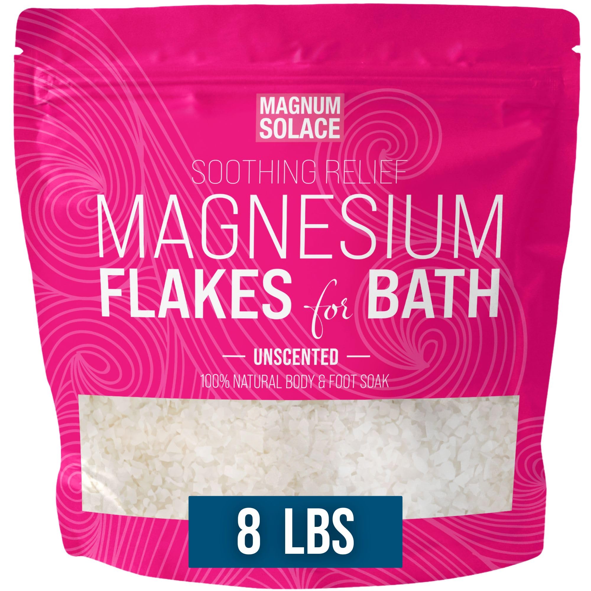Magnum Solace magnesium flakes jar closeup for a soothing bath soak.