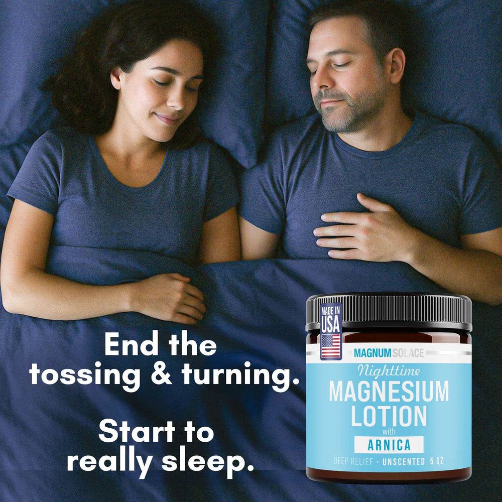 Magnum Solace Nighttime Magnesium Lotion legs application demonstrates calming nightly routine.