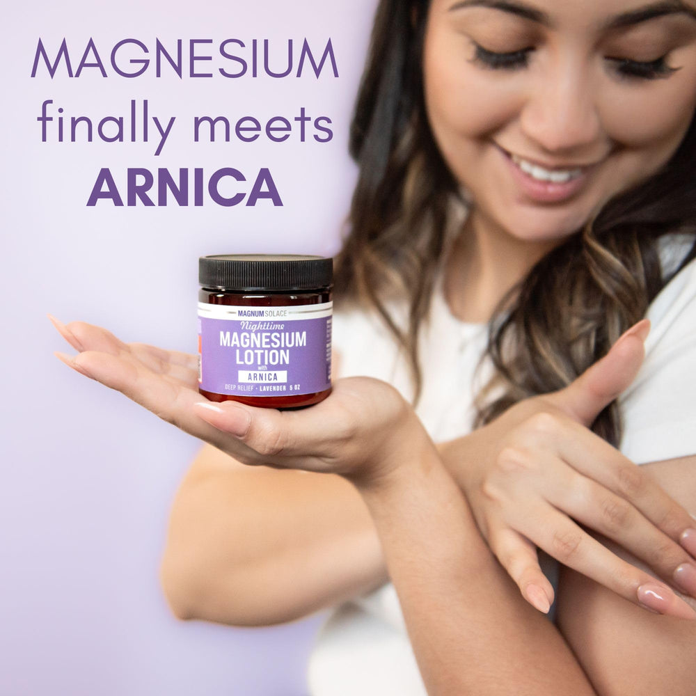 Magnum Solace Nighttime Magnesium Lotion Arnica highlight bottle shows extra comfort after activity.