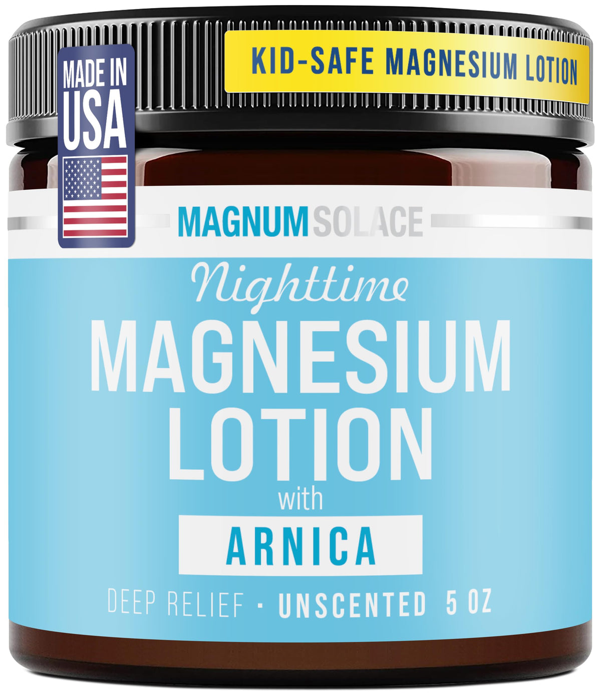 Magnum Solace Nighttime Magnesium Lotion bottle showcases soothing formula for tired legs before bed.