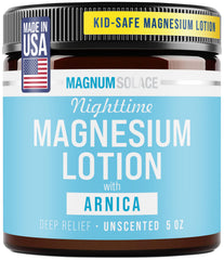 Magnum Solace Nighttime Magnesium Lotion bottle showcases soothing formula for tired legs before bed.