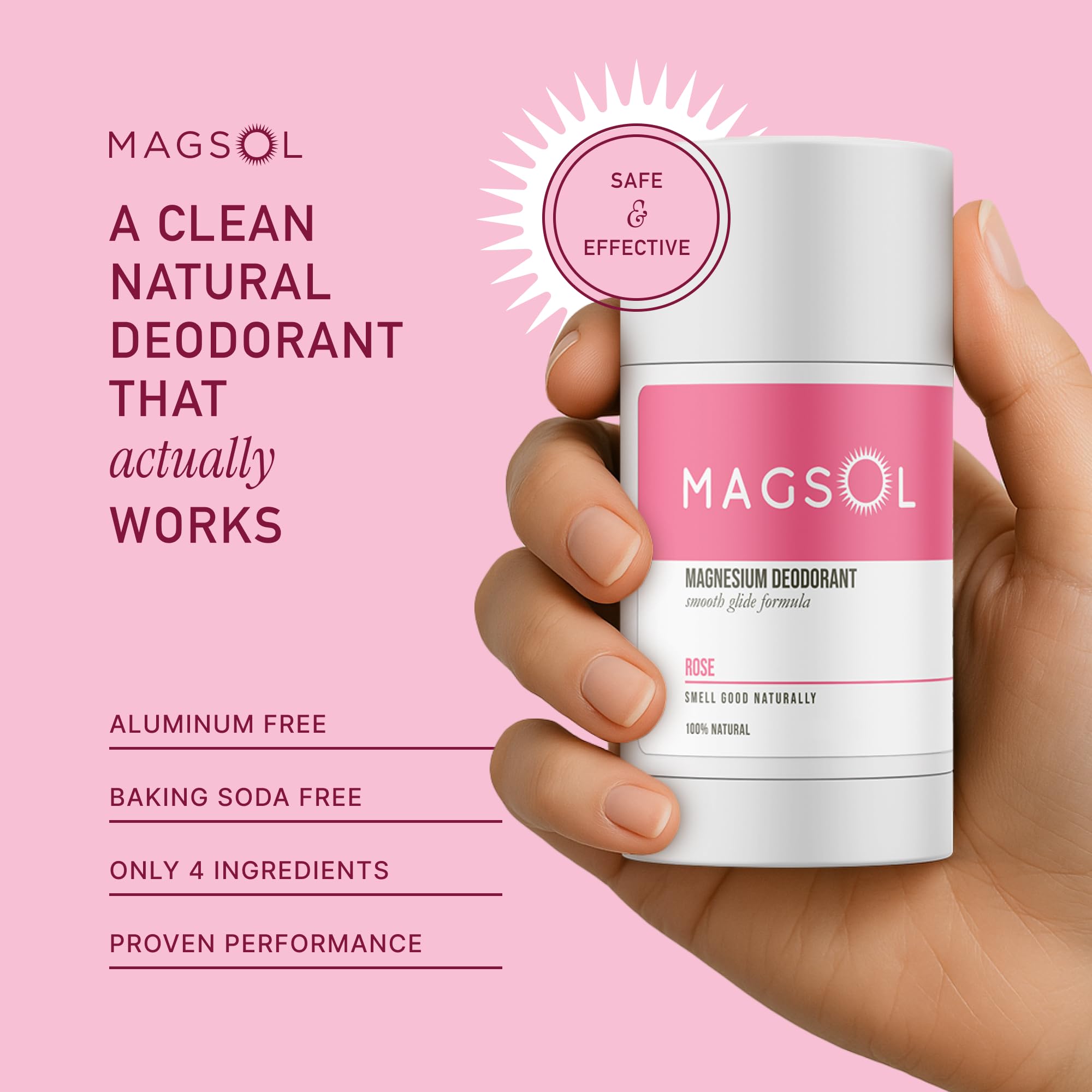 MAGSOL Magnesium Deodorant Rose bottle ambient scene for long-lasting freshness.