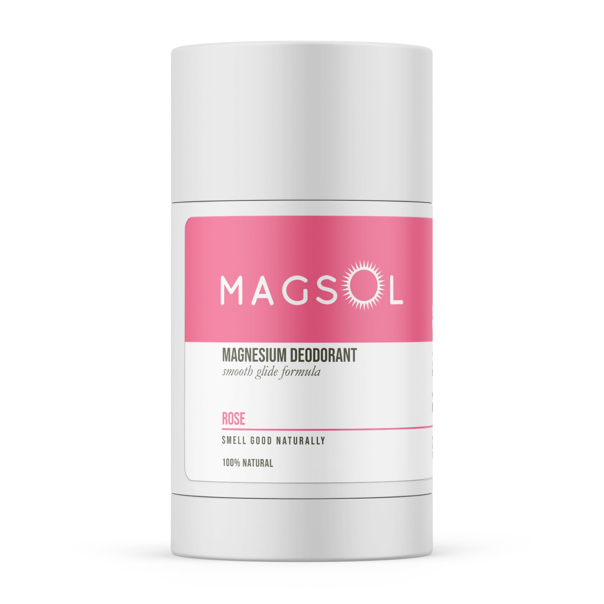MAGSOL Magnesium Deodorant Rose tube closeup demonstrates gentle, aluminum-free odor protection.