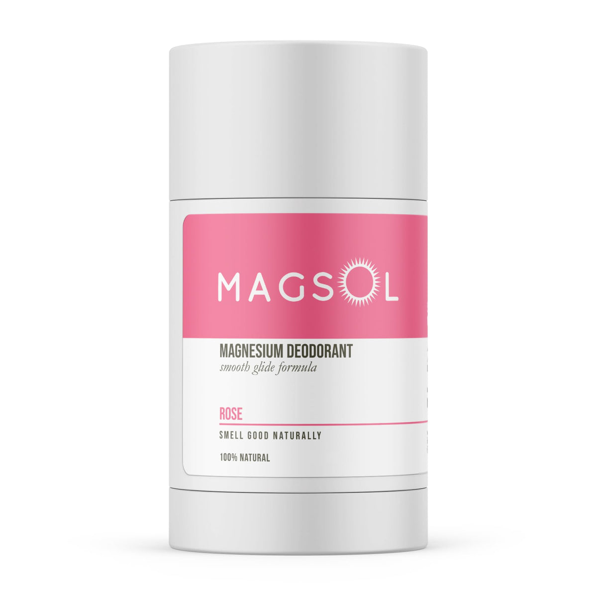 MAGSOL Magnesium Deodorant Rose tube closeup demonstrates gentle, aluminum-free odor protection.